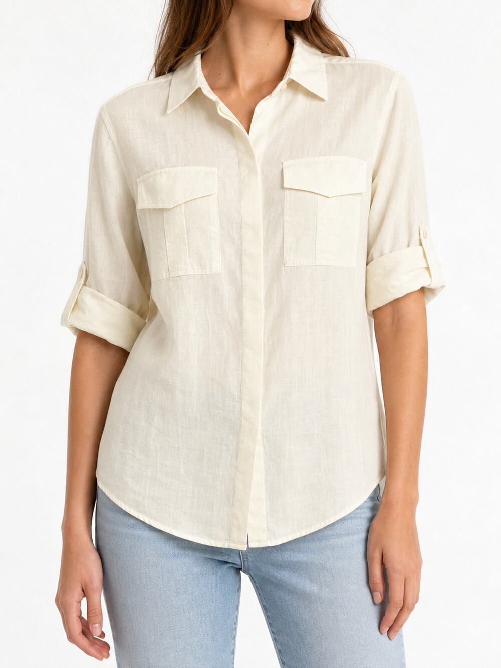 Theory Women's Ivory Linen Stretch Blend Roll Tab Sleeves Shirt M With Pockets